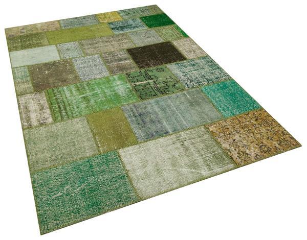 Yeşil Patchwork Etnik Modern Desenli Yün Hav Toz Vermez Leke Tutmayan Salon Yolluk Mutfak El Dokuma Halı - Image 1