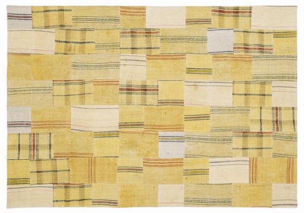 Sarı Patchwork Etnik Modern Desenli Yün Hav Toz Vermez Leke Tutmayan Salon Yolluk Mutfak El Dokuma Halı - Image 1