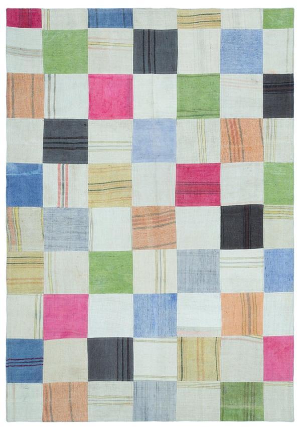 Teselya Bej Patchwork Etnik Modern Desenli Yün Hav Toz Vermez Leke Tutmayan Salon Yolluk Mutfak El Dokuma Halı - Image 1