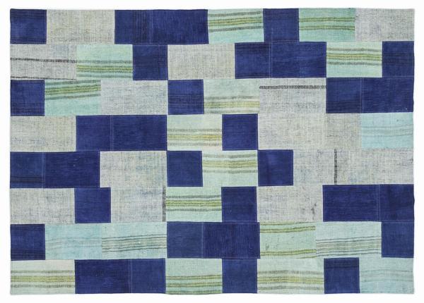 Mavi Patchwork Etnik Modern Desenli Yün Hav Toz Vermez Leke Tutmayan Salon Yolluk Mutfak El Dokuma Halı - Image 1