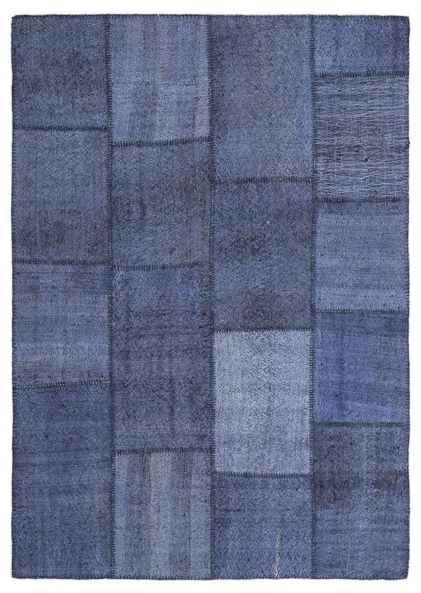 Teselya Mavi Patchwork Etnik Modern Desenli Yün Hav Toz Vermez Leke Tutmayan Salon Yolluk Mutfak El Dokuma Halı - Image 1
