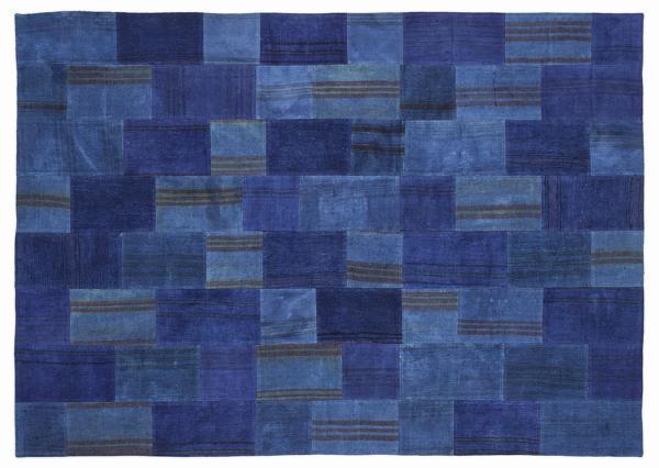 Mavi Patchwork Etnik Modern Desenli Yün Hav Toz Vermez Leke Tutmayan Salon Yolluk Mutfak El Dokuma Halı - Image 1