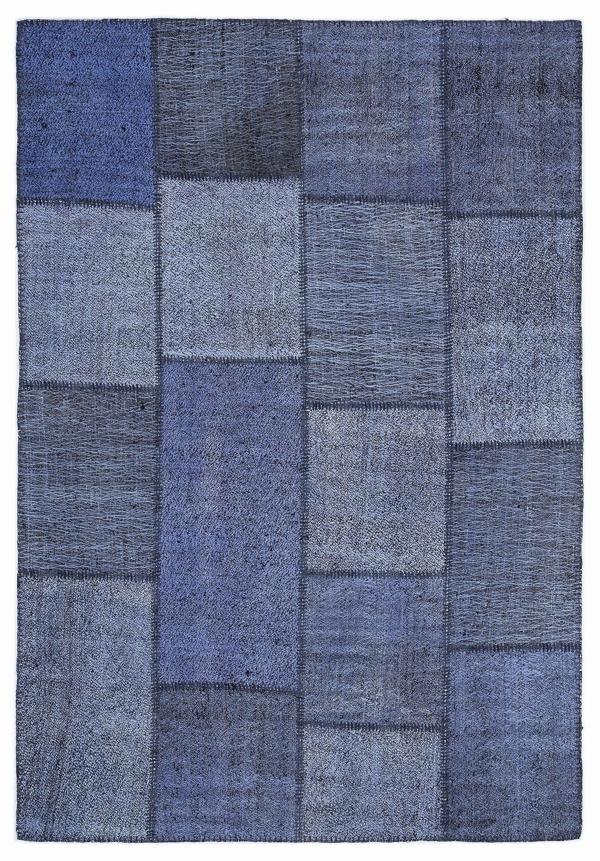 Teselya Mavi Patchwork Etnik Modern Desenli Yün Hav Toz Vermez Leke Tutmayan Salon Yolluk Mutfak El Dokuma Halı - Image 1