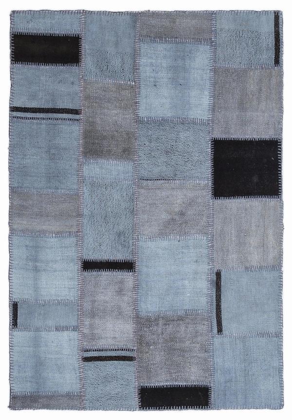 Teselya Mavi Patchwork Etnik Modern Desenli Yün Hav Toz Vermez Leke Tutmayan Salon Yolluk Mutfak El Dokuma Halı - Image 1