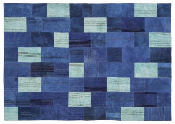Mavi Patchwork Etnik Modern Desenli Yün Hav Toz Vermez Leke Tutmayan Salon Yolluk Mutfak El Dokuma Halı - Image 1
