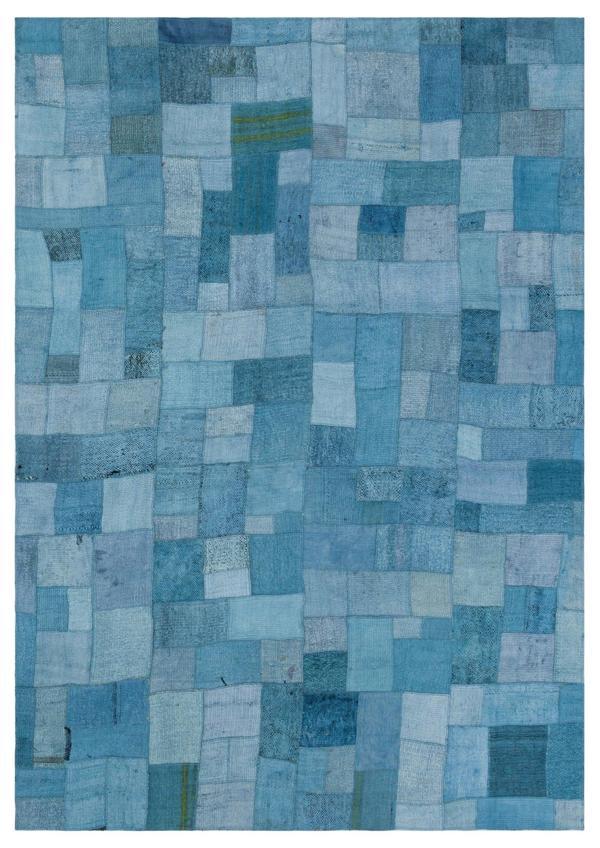 Teselya Mavi Patchwork Etnik Modern Desenli Yün Hav Toz Vermez Leke Tutmayan Salon Yolluk Mutfak El Dokuma Halı - Image 1