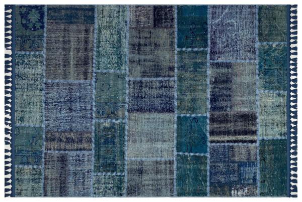 Mavi Patchwork Etnik Modern Desenli Yün Hav Toz Vermez Leke Tutmayan Salon Yolluk Mutfak El Dokuma Halı - Image 1