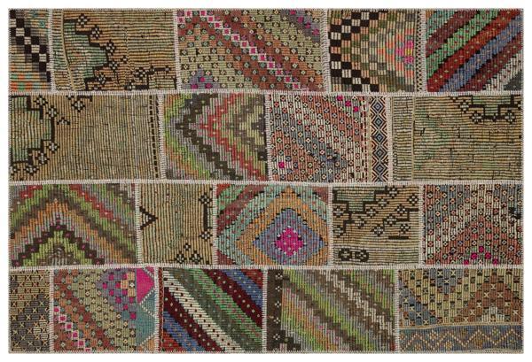 Kahverengi Patchwork Etnik Modern Desenli Yün Hav Toz Vermez Leke Tutmayan Salon Yolluk Mutfak El Dokuma Halı - Image 1