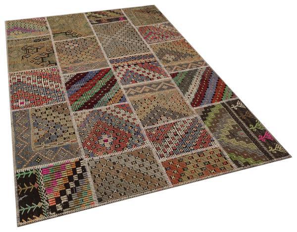 Kahverengi Patchwork Etnik Modern Desenli Yün Hav Toz Vermez Leke Tutmayan Salon Yolluk Mutfak El Dokuma Halı - Image 1