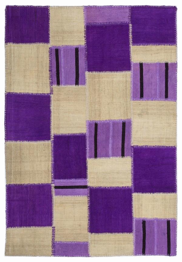 Teselya Mor Patchwork Etnik Modern Desenli Yün Hav Toz Vermez Leke Tutmayan Salon Yolluk Mutfak El Dokuma Halı - Image 1