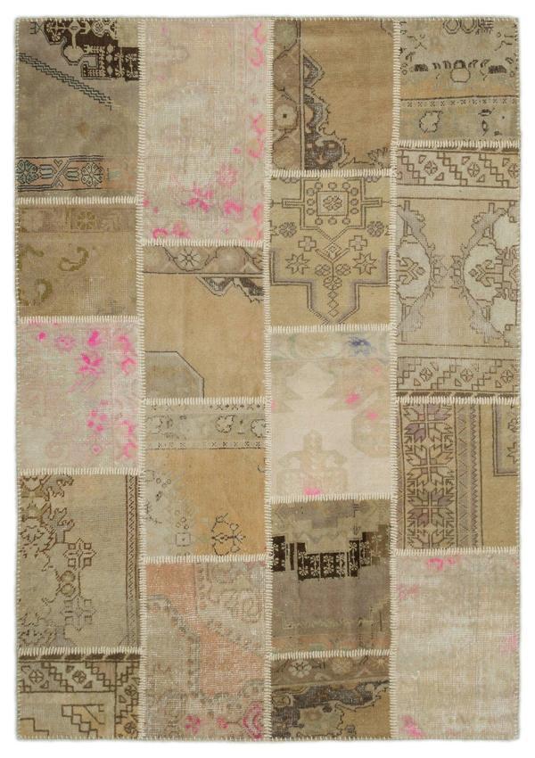 Iskece Bej Patchwork Etnik Modern Desenli Yün Hav Toz Vermez Leke Tutmayan Salon Yolluk Mutfak El Dokuma Halı - Image 1