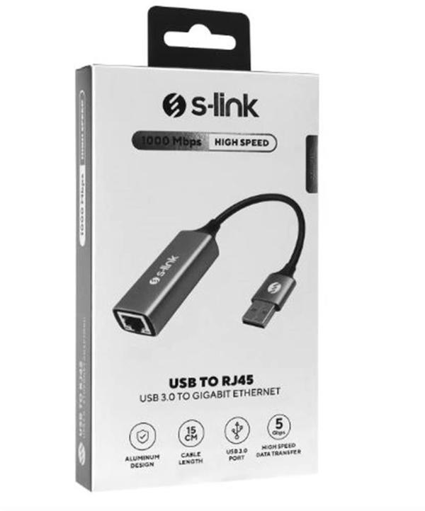 S-link SW-U334 Gri Metal USB 3.0 to RJ45 10-100-1000Mbps Gigabit Adaptör - Image 1
