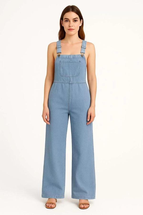 Kadın Chambray Açık Mavi Denim Görünümlü Geniş Paça Salopet Tulum - Mavi - Image 1
