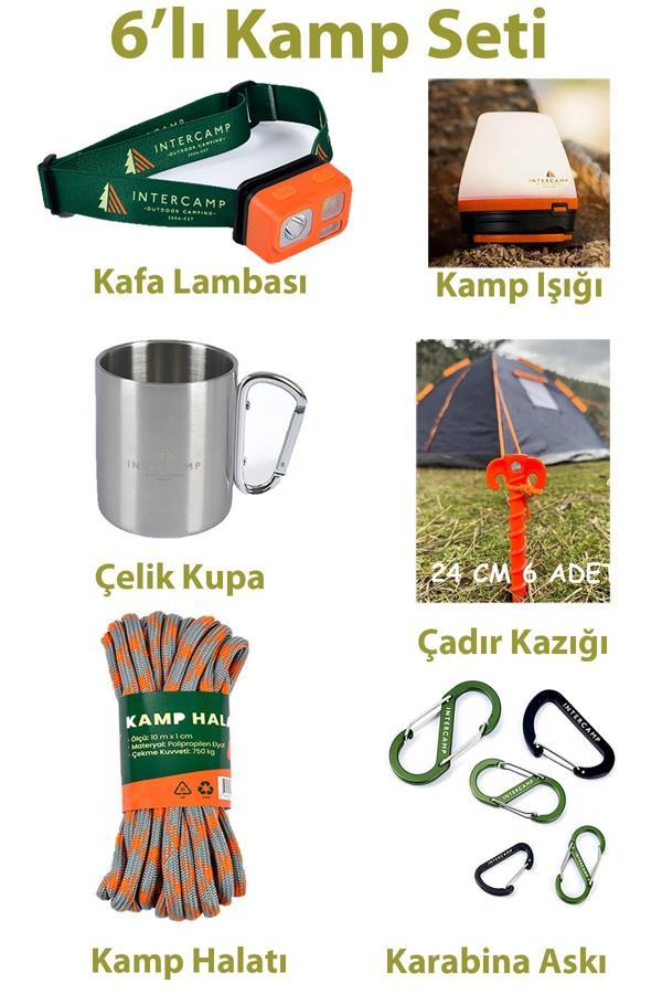 6’lı KAMP SETİ-Kafa Lambası, Çadır Işığı, Çelik Kupa, Çadır Kazığı, Kamp Halatı, Karabina Askıları - Image 1