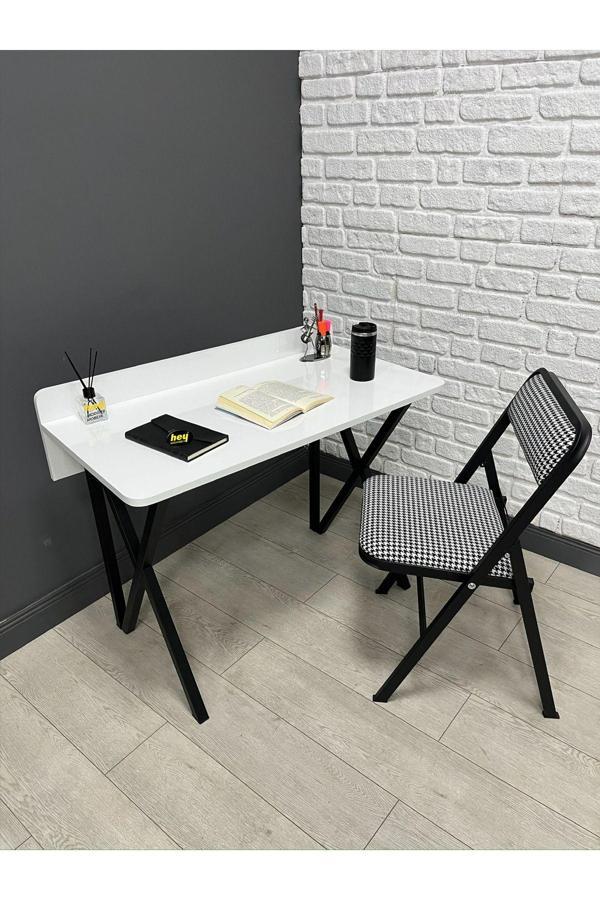 Hey Modüler Mobilya Buse Çalışma Masası Ofis Bilgisayar Masası + Katlanır Sandalyeli 103 cm Metal Siyah Ayak - Image 1
