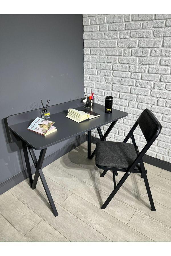 Hey Modüler Mobilya Buse Çalışma Masası Ofis Bilgisayar Masası + Katlanır Sandalyeli 103 cm Metal Siyah Ayak - Image 1