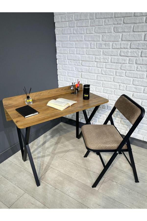 Hey Modüler Mobilya Buse Çalışma Masası Ofis Bilgisayar Masası + Katlanır Sandalyeli 103 cm Metal Siyah Ayak - Image 1