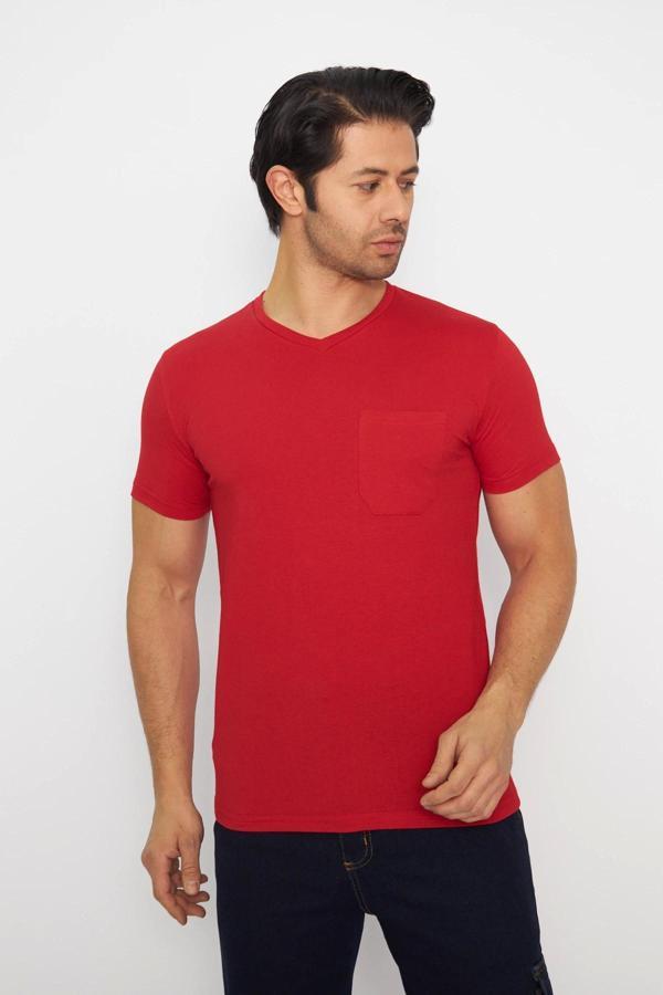 T-shirt V Yaka Kısakol %100 Pamuk Cepli Kırmızı - Image 1