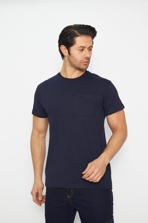 T-shirt Bisiklet Yaka Kısakol %100 Pamuk Cepli Lacivert - Image 1