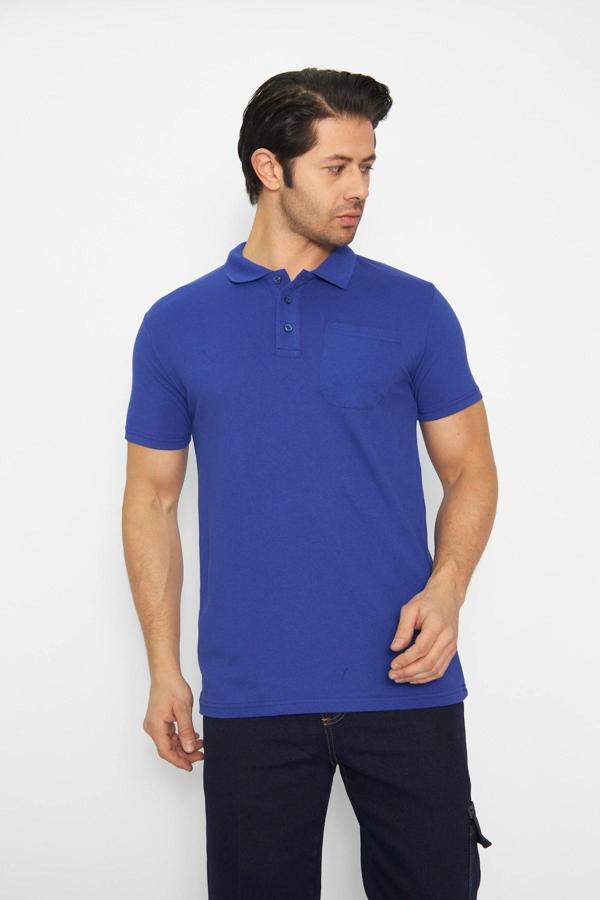 T-shirt Polo Yaka Kısakol %100 Pamuk Cepli Sax Mavi - Image 1