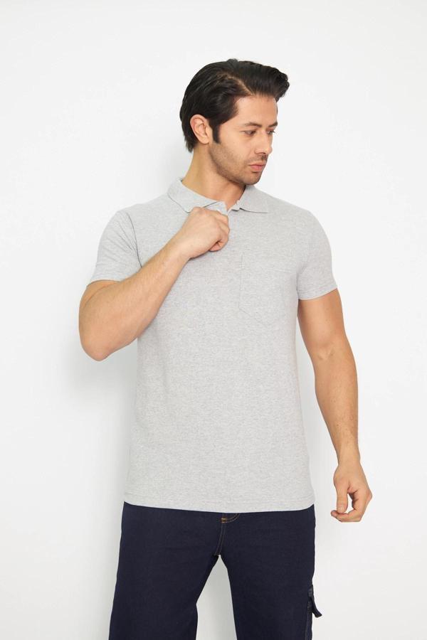 T-shirt Polo Yaka Kısakol %100 Pamuk Cepli Gri - Image 1