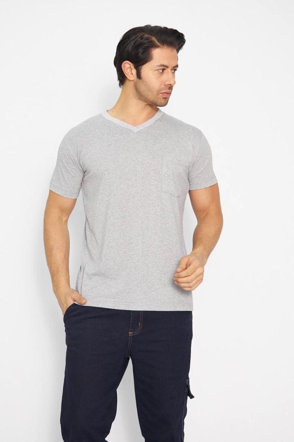 T-shirt V Yaka Kısakol %100 Pamuk Cepli Gri - Image 1