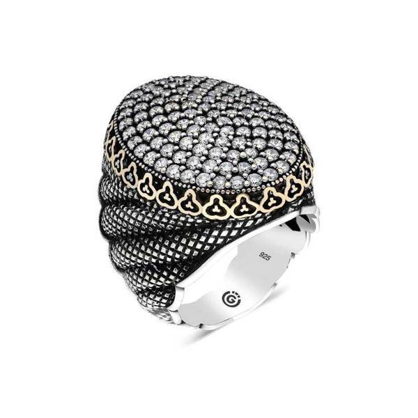 Gümüş Beyaz Zirkon Taşlı Oval Erkek Yüzük SL1838 - Image 1