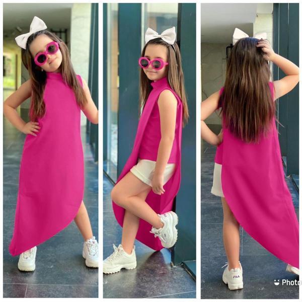 MODAVALS KIZ ÇOCUK FUŞYA HÜRREM KUMAŞ ASİMETRİK TUNİK ALT ÜST TAKIM 847126935  - Image 1
