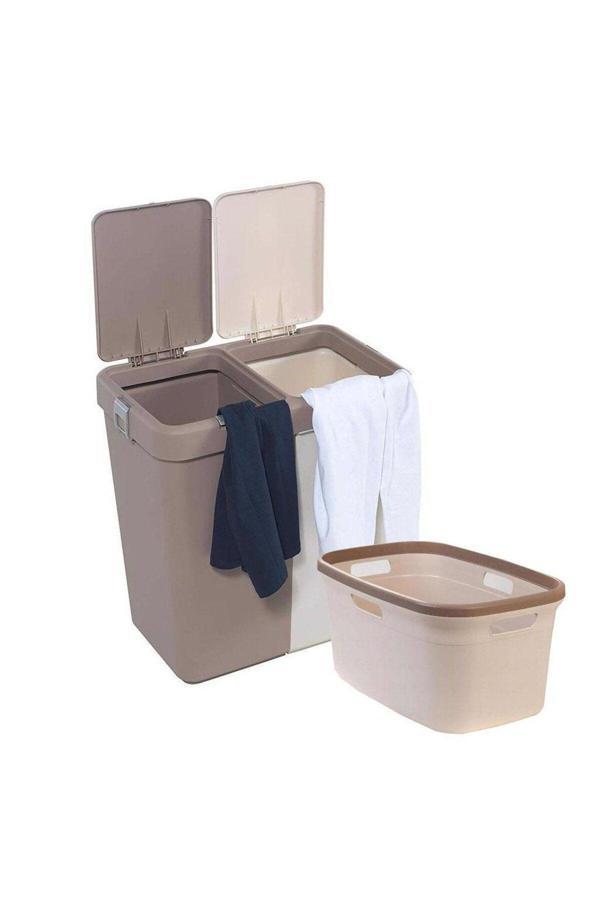 Reis Home Motek 80 Litre Kirli Çamaşır Sepeti Çamaşır Selesi İkili Çeyiz Seti Kahve Krem - Image 1
