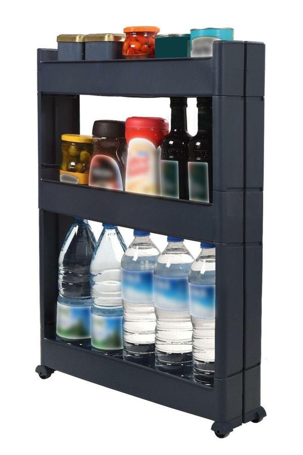 Motek 3 Katlı Mutfak Rafı Tekerlekli Organizer Dar Banyo Düzenleyici Siyah Banyo Rafı - Image 1