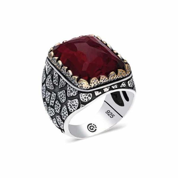 ​Gümüş Zirkon Bordo Taşlı Kare Erkek Yüzük SL3894 - Image 1