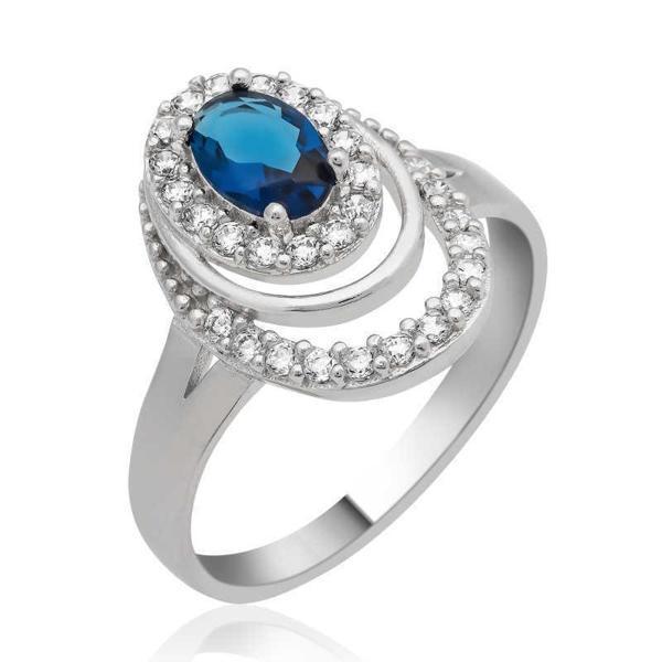 Gümüş Mavi Taşlı Oval Bayan Yüzük SL2950 - Image 1