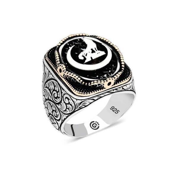 Gümüş Hilal Bozkurt Oval Erkek Yüzük  SL4672 - Image 1