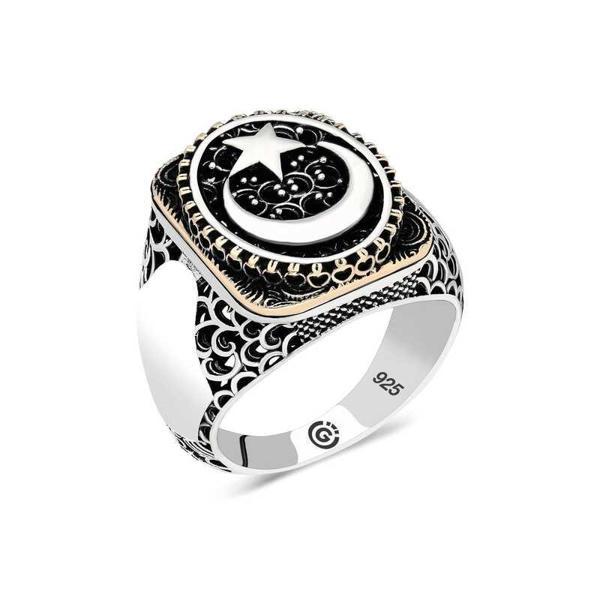 Gümüş Ay yıldız Oval Erkek Yüzük  SL4676 - Image 1