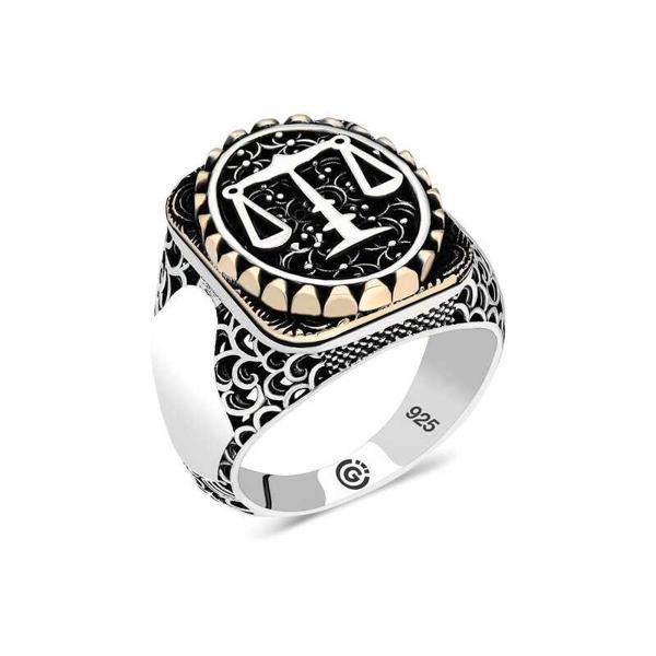 Gümüş Adalet Terazisi Oval Erkek Yüzük  SL4678 - Image 1