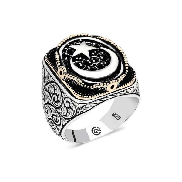 Gümüş Ay yıldız Oval Erkek Yüzük  SL4668 - Image 1