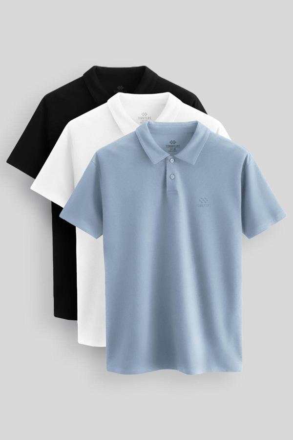 Standart Fit Basic Polo Yaka  3lü Paket Siyah-Beyaz-Buz Mavi Erkek T-Shirt  87748 - Image 1