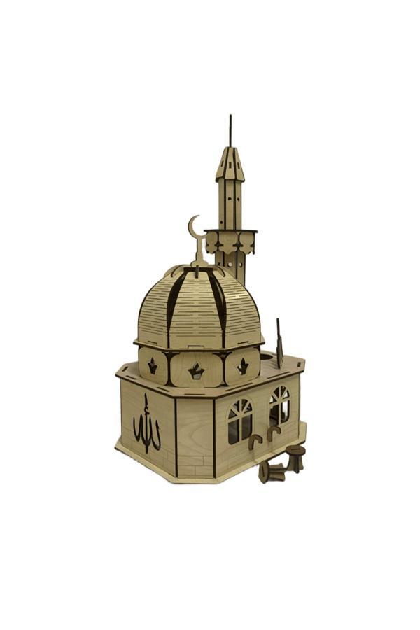 14Lazerkesim Büyük Ahşap Cami Maketi Akça Ağaç Desenli - Image 1