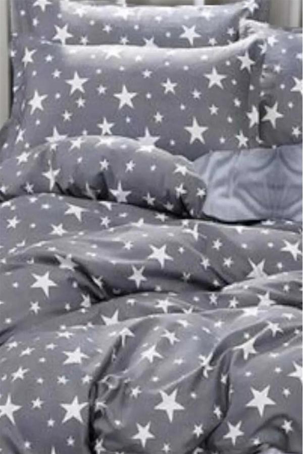 More Home Tek Kişilik Nevresim Seti + Yastık Kılıfı Gri Beyaz Yıldızlı - Image 1
