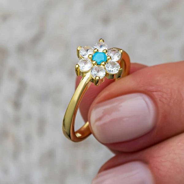 Gümüş Mavi Taşlı Gold Çiçek Kadın Yüzük SL11531 - Image 1