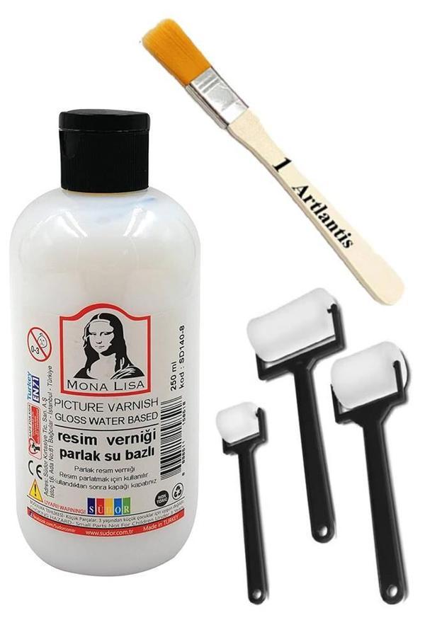 Resim Verniği 250 ml Su Bazlı 1 Adet Zemin Fırçası ve Rulo Fırça Resim Parlatıcı Vernik Hobi Sanat Akrilik Guaj Yağlı Bo - Image 1