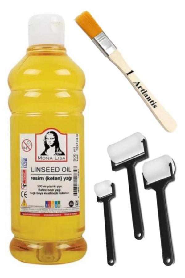 Keten Yağı 500 ml 1 Adet Zemin Fırçası ve Rulo Fırça Resim Yağı Monalisa Rafine Bezir Yağı Yağlı Boya İncelticisi Yağlı  - Image 1