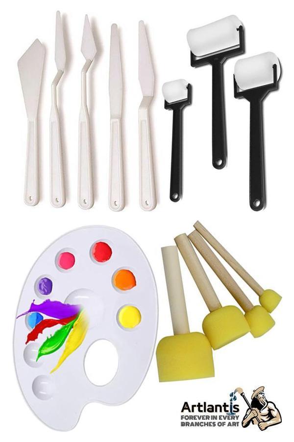 Palet Rulo Fırça Ponpon Fırça ve Plastik Spatula 4'lü Set 1 Paket Resim Hobi Sanat Etkinlik Resim Paleti - Image 1