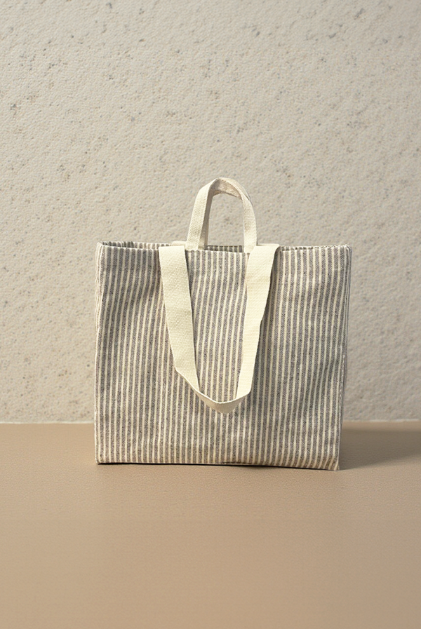 Beach Bag Çizgili Çift Çepli Keten Çanta - Image 1