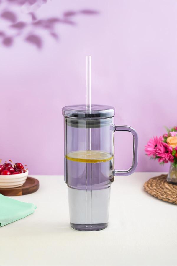 Porsima 3483 Vakumlu Kapaklı Pipetli ve Kulplu Bardak 900ml Cam Termos Mug - Image 1