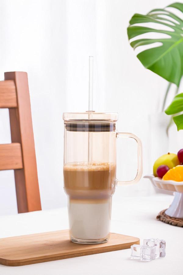 Porsima 3483-1 Vakumlu Kapaklı Pipetli ve Kulplu Bardak 900ml Cam Termos Mug - Image 1