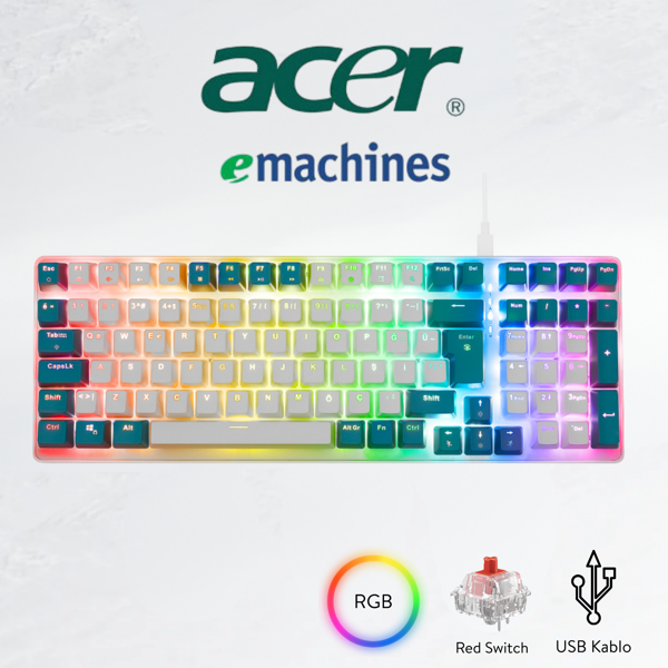 Acer eMachines EAK100 Beyaz/Yeşil RGB Backlight RED SWITCH Mekanik Q 101 Tuşlu Compact Gaming Klavye - Image 1