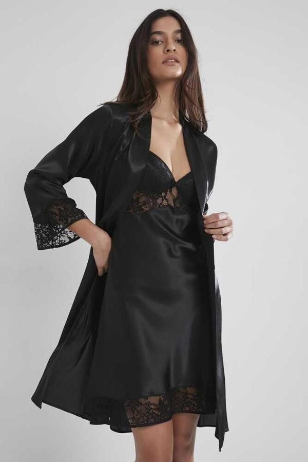 Pierre Cardin Siyah 2li Balensiz Kaplı Gecelik Sabahlık 4075 - Image 1