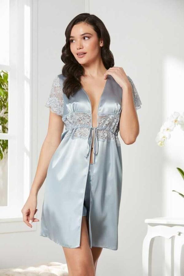 Pierre Cardin Saten Dantelli Midi Sabahlık 1020 mist - Image 1