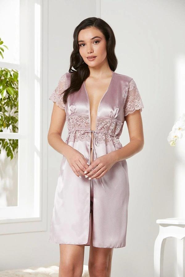 Pierre Cardin Saten Dantelli Midi Sabahlık 1020 Pudra - Image 1